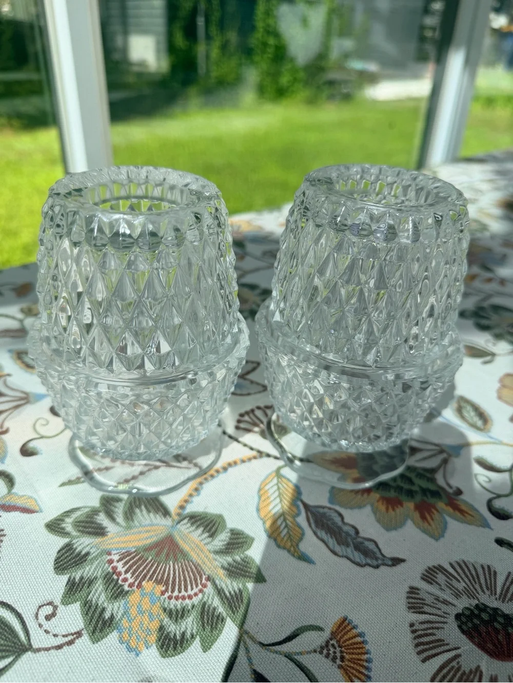Set of 2 Glass Diamond Point Clear Fairy Lamp candle holders